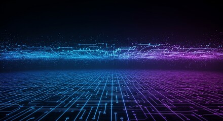 Abstract technology background showcasing a vibrant circuit board with blue and purple neon lights.