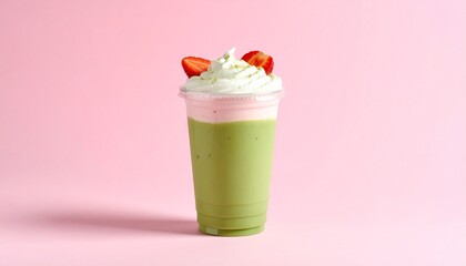 Aesthetic Iced Matcha Strawberry Latte in Clear Cup with Distinct Pink-Green Milk Layers and Whipped Cream, Set Against a Pastel Pink Background with Soft Shadows and Minimal Styling