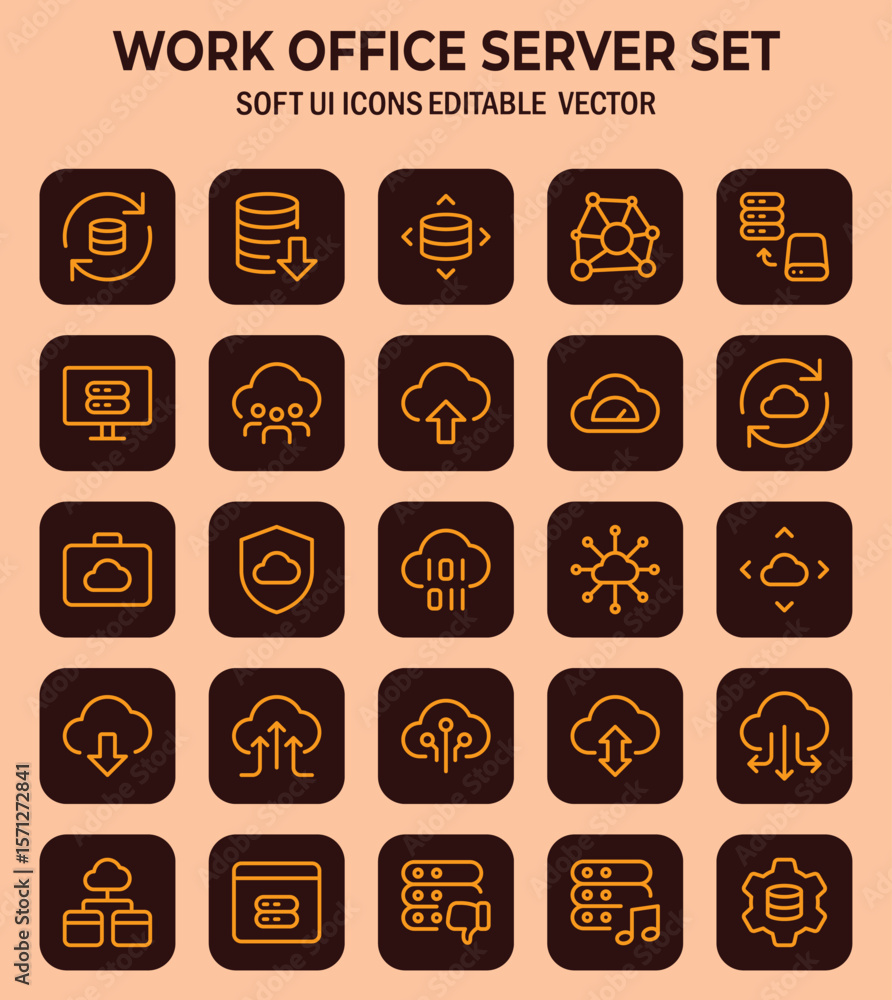 Poster versatile work office server icon set: a soft ui vector collection for modern technology and busines