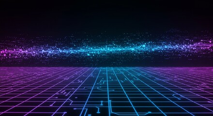 Abstract technology background showcasing a vibrant circuit board with blue and purple neon lights.