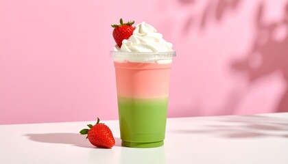 Aesthetic Iced Matcha Strawberry Latte in Clear Cup with Distinct Pink-Green Milk Layers and Whipped Cream, Set Against a Pastel Pink Background with Soft Shadows and Minimal Styling