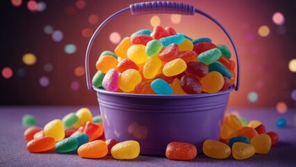 Jelly Beans Overflowing from a Purple Bucket