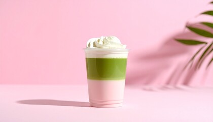 Aesthetic Iced Matcha Strawberry Latte in Clear Cup with Distinct Pink-Green Milk Layers and Whipped Cream, Set Against a Pastel Pink Background with Soft Shadows and Minimal Styling