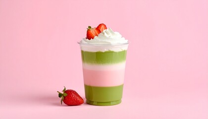 Aesthetic Iced Matcha Strawberry Latte in Clear Cup with Distinct Pink-Green Milk Layers and Whipped Cream, Set Against a Pastel Pink Background with Soft Shadows and Minimal Styling