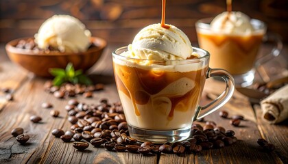 Photo-Realistic Close-Up of Creamy Ice Cream Coffee Dessert in Clear Glass Cup with Rich Espresso Over Vanilla Ice Cream, Swirls and Froth, Coffee Beans, and Warm Rustic Café Setting