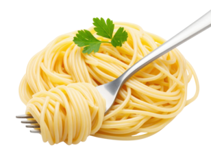 A fork twirling cooked spaghetti noodles garnished with fresh parsley leaves.