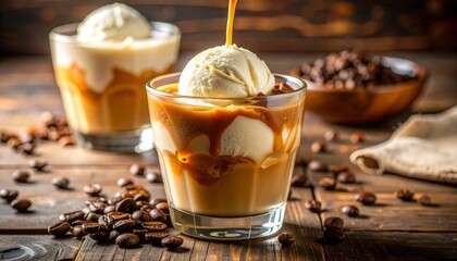 Photo-Realistic Close-Up of Creamy Ice Cream Coffee Dessert in Clear Glass Cup with Rich Espresso Over Vanilla Ice Cream, Swirls and Froth, Coffee Beans, and Warm Rustic Café Setting