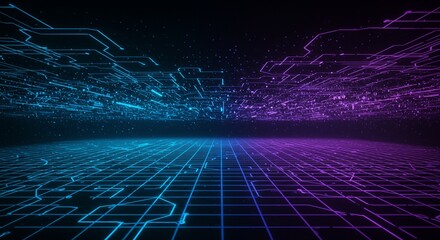 Abstract technology background showcasing a vibrant circuit board with blue and purple neon lights.
