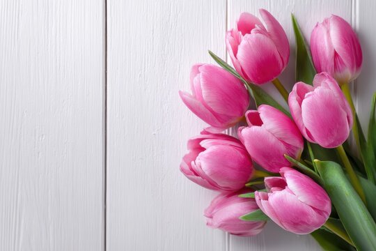 Pink tulips on a white wooden surface Room for text