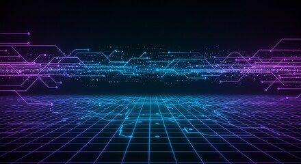 Abstract technology background showcasing a vibrant circuit board with blue and purple neon lights.