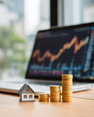 A miniature house and stacked gold coins in ascending order sit on a desk with a blurred laptop screen showing a financial graph in the background.