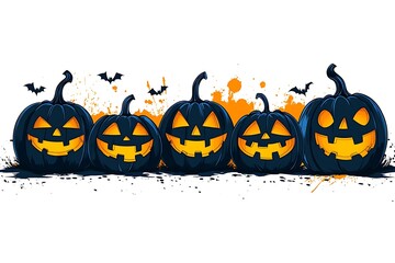Five cartoon Halloween pumpkins with carved faces and bats against an orange and white backdrop