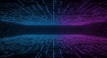 Abstract technology background showcasing a vibrant circuit board with blue and purple neon lights.