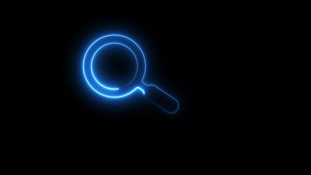 glowing neon blue color search animation icon sign symbol on black background. Glowing magnifying glass loupe sign. Neon Magnifying glass icon.