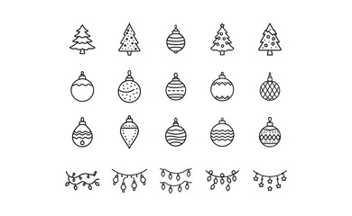 Collection of Christmas Tree and Ornament Icons in Outline Style Holiday Decorations.