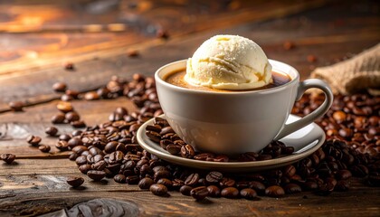 Tantalizing Close-Up of Steaming Coffee Topped with Melting Ice Cream, Surrounded by Roasted Coffee Beans on a Rustic Wooden Surface with Warm Lighting and Decadent Texture