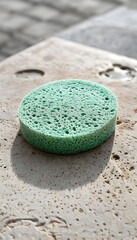 Bright Green Circular Bath Sponge on Natural Light and Shadows Creating a Clean Modern Contrast in Bathroom or Spa Environment