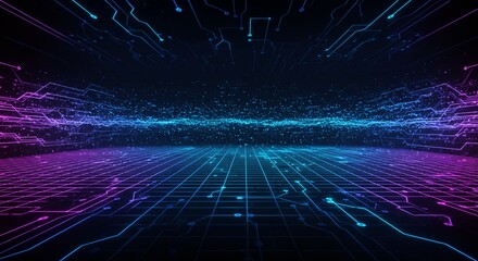 Abstract technology background showcasing a vibrant circuit board with blue and purple neon lights.