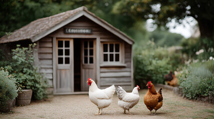 Tiny chicken coop, countryside, still life concept