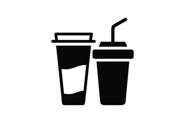 Simple black and white vector illustration of disposable coffee cup and soda cup with straw; minimalist design, clean lines, perfect for branding, menu design, or fast food restaurant marketing materi