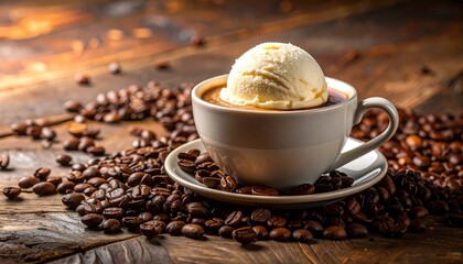 Tantalizing Close-Up of Steaming Coffee Topped with Melting Ice Cream, Surrounded by Roasted Coffee Beans on a Rustic Wooden Surface with Warm Lighting and Decadent Texture