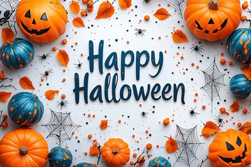 Happy Halloween greeting with pumpkins spiders leaves and cobwebs on white background