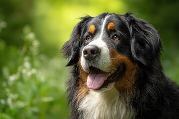 Portrait of a Bernese Mountain Dog in a green countryside yard