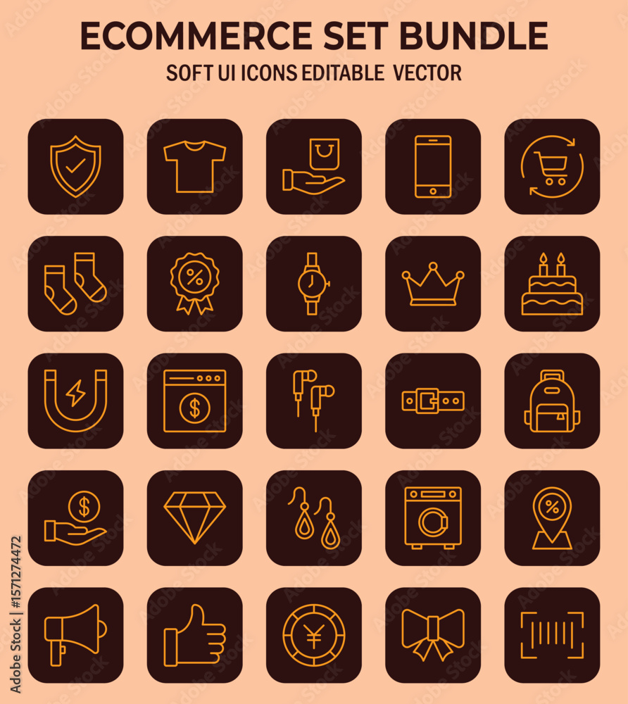 Poster e-commerce icon set displaying an assortment of items from different business segments in soft user 