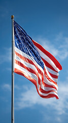American flag waves proudly against clear blue sky, symbolizing freedom and unity