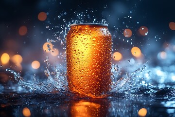 Orange beverage can with water droplets splashing in blue water with bokeh background