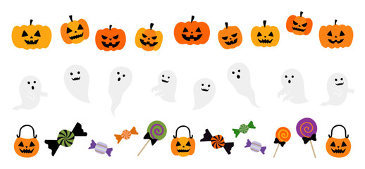 ハロウィンのラインイラストセット(幽霊 おばけ かぼちゃ お菓子 蜘蛛の巣 墓 ベクター 編集可能)