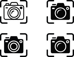 Four Camera Icons with Focus Brackets in a Square Arrangement Representing Photography Technology and Visual Media in a Clean and Minimalist Black and White Design