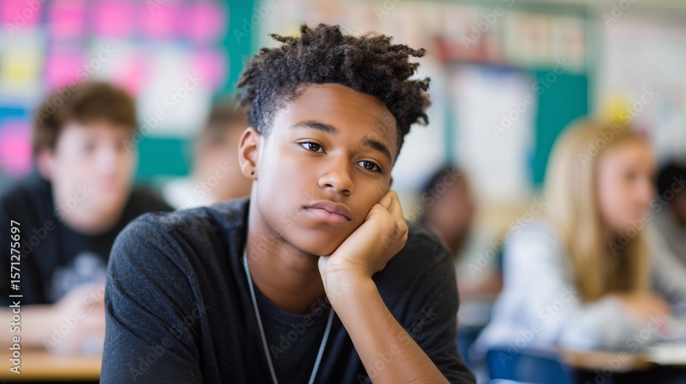 Aufkleber student appears lost in thought during a classroom lesson in a high school setting on a weekday afte