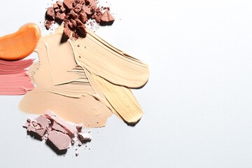 Different cosmetic products on white background, flat lay. Space for text