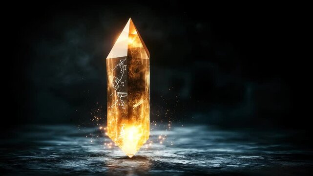 Glowing crystal orange gemstone mystical energy magical artifact fantasy object illuminated ancient rune spark dark background mysterious atmosphere, glowing orange crystal with mysterious symbols