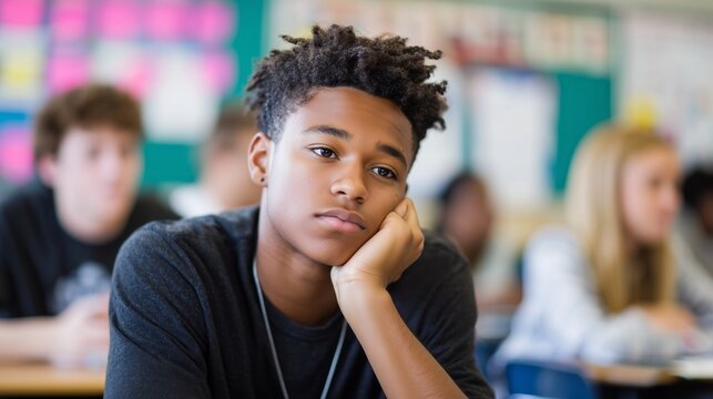 Student appears lost in thought during a classroom lesson in a high school setting on a weekday afternoon