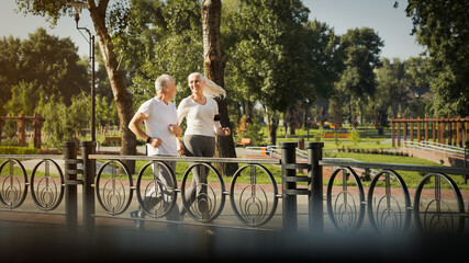 Sporty senior smiling couple in sportswear jogging along a bridge in park having sport workout at sunset. Elderly man and woman running outdoors. Jog workout in nature for retired people concept.