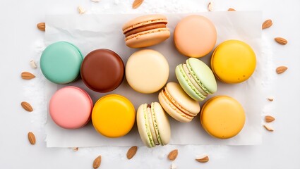 Obraz premium Flat lay of a dozen macarons in assorted flavors on parchment paper, surrounded by crushed almond pieces and powdered sugar, neutral background