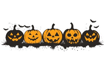 Silhouette Row of Halloween Pumpkins with Carved Faces and Flying Bats on White Background