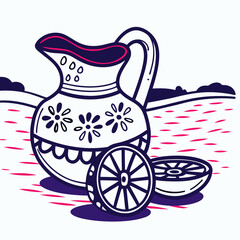 Hand-drawn illustration of a decorated pitcher and sliced oranges