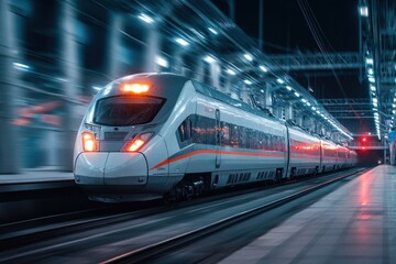 Fototapeta premium Nighttime blurred modern intercity train moving through a lit railway station offering passenger transport