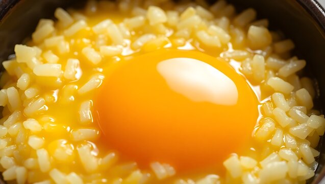 Extreme close-up of tamago kake gohan showing individual rice grains and glistening raw egg yolk texture, traditional ceramic bowl, high contrast lighting