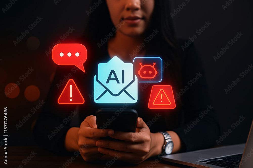 Aufkleber ai-powered email security concept. woman using smartphone with artificial intelligence to detect and