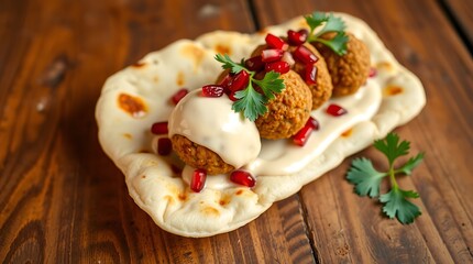 Falafel balls resting on a piece of flatbread with tahini sauce artfully drizzled over, garnished with pomegranate seeds and parsley leaves, on a rustic wooden table