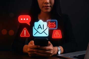 AI-powered email security concept. Woman using smartphone with artificial intelligence to detect and filter spam, phishing scams, and malicious cyber threats from her inbox.