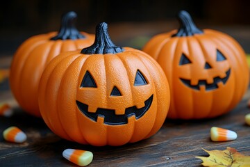 Three orange plastic jack o lanterns with black faces and candy corn on a wooden surface