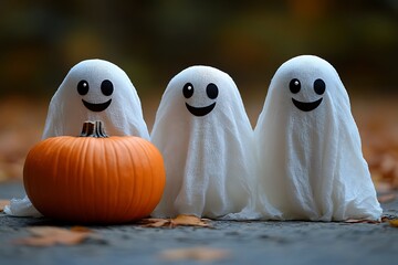 Three smiling ghost figures with white sheets and an orange pumpkin for Halloween