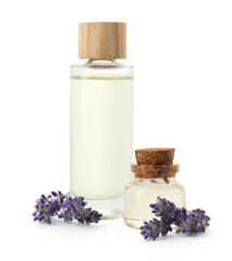 Natural essential oil and lavender flowers isolated on white