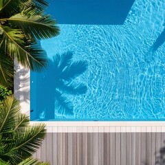 Top-down view of a clean swimming pool with a float, beach ball, and towel nearby, summer holiday, summer vibe