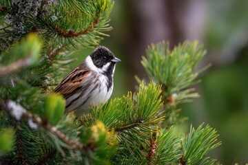 Reed bunting perched in a pine Norrbotten Sweden